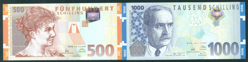 Austria - 500 Schilling Rosa Mayreder at left + 1000 Shillings Karl Landsteiner ...