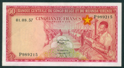 Belgian Congo - 50 Francs 01.08.1957 Workers at weaving machinery (P. 32) - small stains on back - XF
