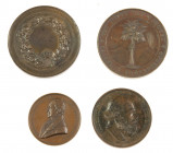Lot of 4 bronze medals 'Menschlievend Hulpbetoon Willem III' (corrosie), 100 jaar Batavia's Genootschap 1878, Jeronimo de Vries 1844 and Prijspenning ...