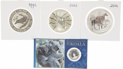 Australia - 3 x 1 ounce silver coins from Australia a.w. Year of the horse 2014, Kookaburra 1992 and kangoroo 2002 added 1/10 oz koala 2011