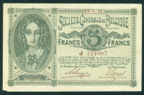 Belgium - German Occupation WWI - Société Générale - 5 Francs 13.1.1915 Portrait Queen Louise-Marie at left (P. 88) - small part lower left corner mis...