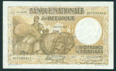 Belgium - 50 Francs = 10 Belgas 15.9.1927 Brown - Woman with sheaf + horses (P. 100) - 1 pinhole + pressed - VF