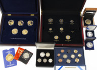 Two wooden cassettes with 17 gilt medals and 12 gilt/coloured coins, 'piekenset', BU coin set Malta 2012, three silver tokens, etc.