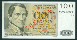 Belgium - 100 Francs 00.00.00 King Leopold I SPECIMEN (P. 129s) - #0000 A 0000 - SPECIMEN printed in red diagonally on face and back + no. 64- (glue)s...