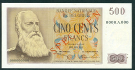 Belgium - 500 Francs 00.00.00 King Leopold II SPECIMEN (P. 130s) - #0000 A 0000 - SPECIMEN printed in red diagonally on face and back - pinholes - XF+