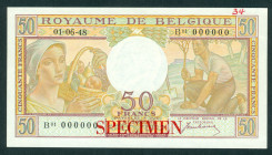 Belgium - 50 Francs 01.06.48 Woman with fruit + Man planting tree SPECIMEN (P. 133s) - #B01 000000 - SPECIMEN printed in red horizontally on face and ...