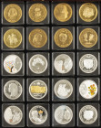 Wooden cassette 'Wilhelmina der Nederlanden' containing 40 large format medals, (partly) silvered, gilded or colored