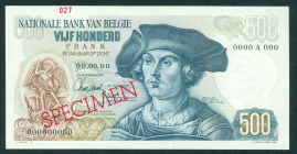 Belgium - 500 Francs 00.00.00 Bernhard van Orley SPECIMEN (P. 135s) - #000 4 0000 - SPECIMEN printed in red diagonally on face and back + no. 027 - UN...