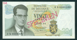 Belgium - 20 Francs 15.06.1964 King Baudoin I SPECIMEN (P. 138) - #0 S 0000000 - SPECIMEN in purple/blue diagonally printed on face and back + no. 168...