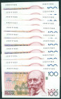 Belgium - 100 Francs ND (1978-81) Beyaert (P. 140) - consecutive numbers - Total 11 pcs. in a.UNC/UNC