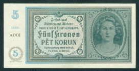 Bohemia and Moravia - 5 Korun ND (1940) woman at right (P. 4a) - low serie A001 - XF+