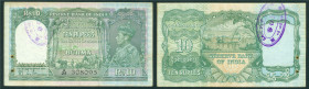Burma - 10 Rupees ND (1938) George VI (P. 5) - oval purple stamp on back - 2 pinholes - XF