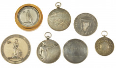Lot of 7 prize medals mostly silver incl. Bakkerijtentoonstelling 1913, Rugzwemmen 1903, Goudsche Zwemclub 1911