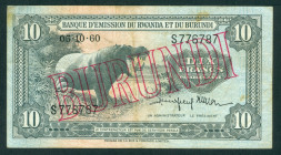 Burundi - 10 Francs ND (1964) Hippo ovpt. BURUNDI 05.10.1960 (P. 2) - F/VF