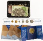Lot of 12 ING Euro exchangers by W. Noyons (De Beeldenaar 2001-2 p64), puddle of guilder coins, coin set ruler, etc.