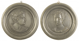 France - Two pewter medallions depicting the Roman empresses Domitilla and Petronia, inscriptions in French, in round pewter frames outer size 131 mm ...