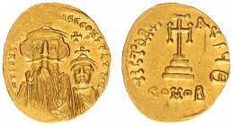 Constans II (641-668) - With Constantine IV - AV Solidus (Constantinople AD 654-659, 4.50 g) - Crowned facing busts of Constans on left, with long bea...