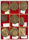 Lindner box containing 12 large size bronze Belgian portrait medals and plaquettes e.g. De Coster 1927, Verlaat 1924, Nypels 1885, Ledel 1993 and Swae...