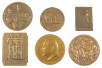 Belgium - Lot of 6 large bronze medals conserning Belgian Congo a.o. 50 Years Banque du Congo, Retour de Prince Albert d'Afrique 1909, Kilo-Moto mine ...