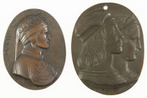 Two oval plaques 'Raffaello e Fornarina' and 'Dante' - bronzed tin - 10x13 and 9x11 cm