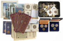 Box with various coins and medals Netherlands, Neth Antilles and world, also some German inflation banknotes