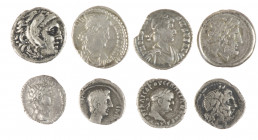 Ancient coins in lots - Roman coinage - A mixed small lot ancient silver coins: a Republican AR Victoriatus (211-208, anonymous), a Macedonian Drachm ...