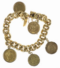 Coins in jewellery - Gold bracelet with 5 coins: 2x Mexico 5 Pesos 1955, France 20 Francs 1863-BB & 10 Francs 1858-A, Netherlands 5 Gulden 1912 restri...