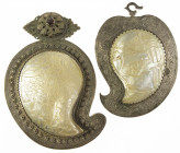 Coins in jewellery - Two Balkan 'pufti' (belt buckles) made of silver-plated brass and carved mother-of-pearl, one with floral motifs and a red stone,...