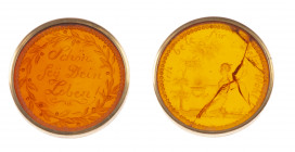 Coins in jewellery - Two round medallions of engraved amber glass in copper mounts, 31 mm in diameter, probably two parts of one piece of jewellery; o...