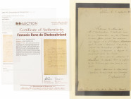 Documents - Handwritten and signed letter from writer and politician F.R. de Chateaubriand to marshal Macdonald, Duke of Taranto and Grand Chancellor ...