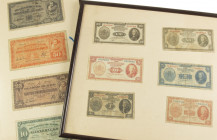 Dutch Indies / Indonesia - Box with banknotes Netherlands Indies 1925-1946 in 5 frames including 25 Gulden 1934 Javanese Dancers, 100 Gulden 1925 J.P....