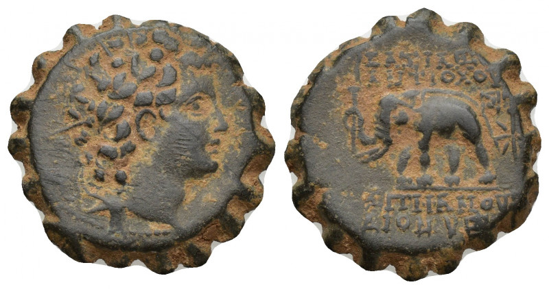 SELEUKID KINGDOM. Antiochos VI Dionysos (144-142 BC). Ae. 7.4g. 20.8mm. Obv: Dia...