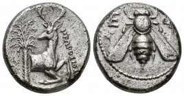 Ephesos, Ionia, AR tetradrachm. Magistrate Proposios. 394-295 BC. 15g. 22.8mm. E-Φ, bee / ΠΡΩΠOΣIOΣ, Forepart of stag recumbent right, head left, palm...
