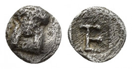 Ionia, Kolophon. Circa 450-410 BC. AR Tetartemorion 6.6mm, 0.2gr. Facing head of Apollo / TE monogram within incuse square.