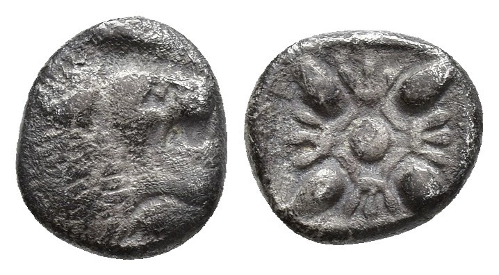 Ionia, Miletos. 520-470 BC. AR Diobol, 1.0gr, 8.1mm.. Forepart of lion right, he...