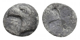 AEOLIS. Kyme. Circa 480-450 BC. AR Hemiobol 0.2gr, 7mm. Obv: K-Y, Eagle's head to left. Rev. Quadripartite incuse square of millsail pattern.