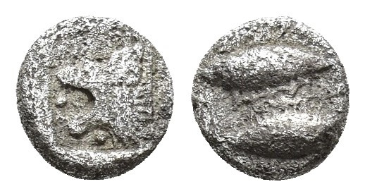 Greek coins , AR hemiobol 0.3gr, 6.3mm. Obv: head of lion l in square incuse. Re...