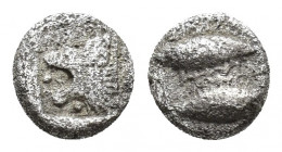 Greek coins , AR hemiobol 0.3gr, 6.3mm. Obv: head of lion l in square incuse. Rev: two tunny fish.