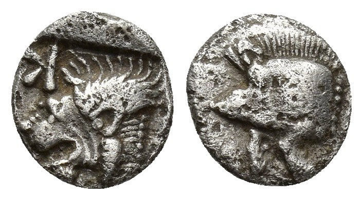 Mysia, Kyzikos, 450 - 400 BC. AR Obol, 0.6gr, 9.4mm. Head of roaring lion left, ...