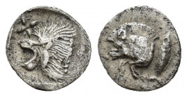 Mysia. Kyzikos. circa 480 BC. AR Hemiobol 0.2gr, 9.1mm. Forepart of boar to left, to right, tunny fish upwards / Head of lion to left within incuse sq...