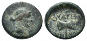 LYDIA, Thyateira. Civic issue 188-133 BC. AE 15, 4.0gr. Obv: laureate head of Apollo r. Rev: ΘYATEIΡHNΩN, bipennis.