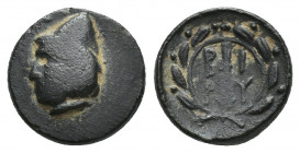 TROAS, Birytis. Circa 300 BC. Æ 11.5mm, 1.5 gr. Obv: Head of Kabeiros right, wearing pileos. Rev: B-I/P-Y, club within a laurel wreath.
