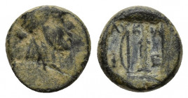 Greek coins , AE 10, 1.9g. Obv: head of Athena? Rev: bow,club and arrow?