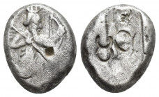 Lydia, Persian Kings. 450-330 BC. AR Siglos, 5.5gr, 16.1mm. Obv: archer kneeling holding spear and bow. Rev: quadripartite punch, with countermark.