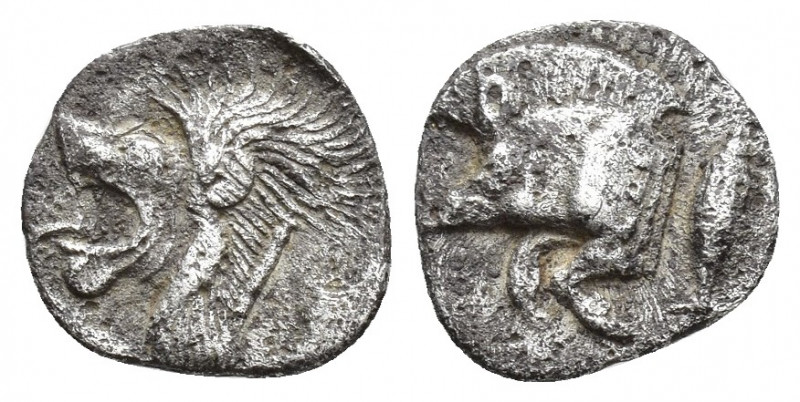 MYSIA. Kyzikos circa 480 BC. AR obol 10.2mm, 0.8gr. Forepart of boar left, tunny...