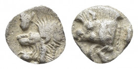 MYSIA. Kyzikos circa 480 BC. AR hemiobol 6.9mm, 0.3gr. Forepart of boar left, tunny upwards behind / Head of roaring lion left, small facing head of p...