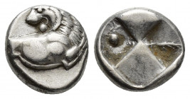 Chersonesos , Thrace. AR Hemidrachm (11.6 mm, 2.4 g), c. 350-330 BC. Obv. Forepart of lion right, looking back, right foreleg raised. Rev. Quadriparti...