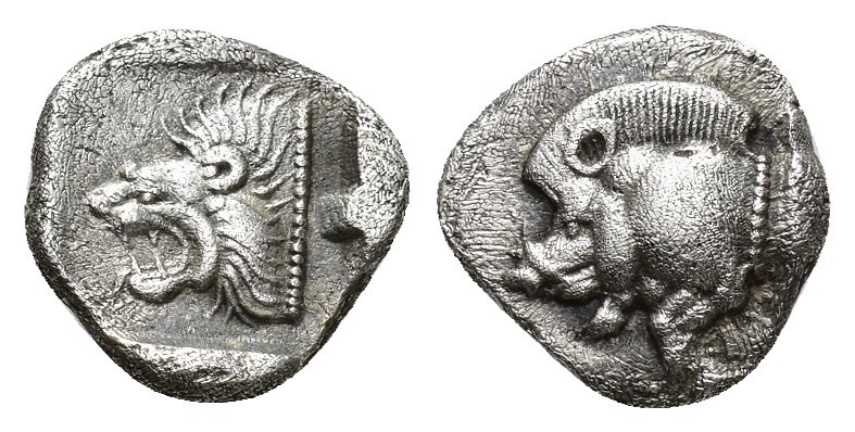 MYSIA. Kyzikos. 450-400 BC. Diobol (Silver, 9.8 mm, 1.1 g). Forepart of a boar r...