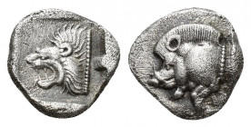 MYSIA. Kyzikos. 450-400 BC. Diobol (Silver, 9.8 mm, 1.1 g). Forepart of a boar running to left; to right, tunny fish swimming upwards. Rev. Lion's hea...