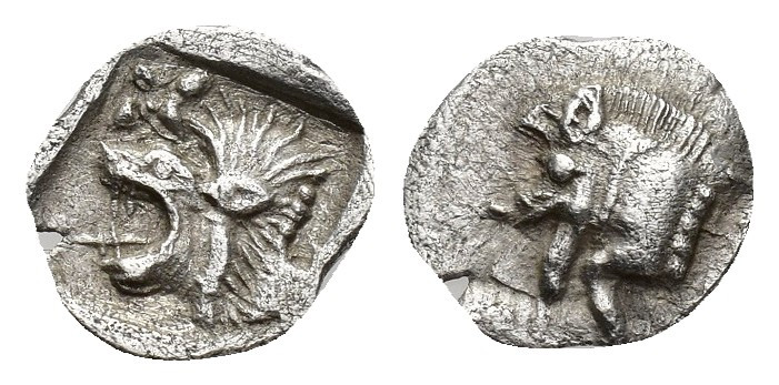 Mysia Kyzikos circa 480 BC. Hemiobol AR 9mm., 0,3g. Forepart of boar to left, to...